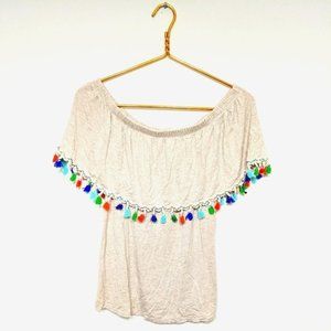 Pebble & Stone Off Shoulder Colorful Fringe Top M